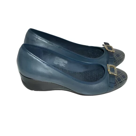 Rockport Navy Blue Gold Plaid Leather Cap Toe Color Block Wedges Pumps Flats 6 - Picture 2 of 7